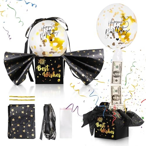Geldballon-Box zum Ziehen, Happy Birthday, 44 Stück, Überraschungsgeld-Geschenkbox mit Luftballons, Band, Ballonhalter, Geschenkpapier für Familie, Freunde, Kinder
