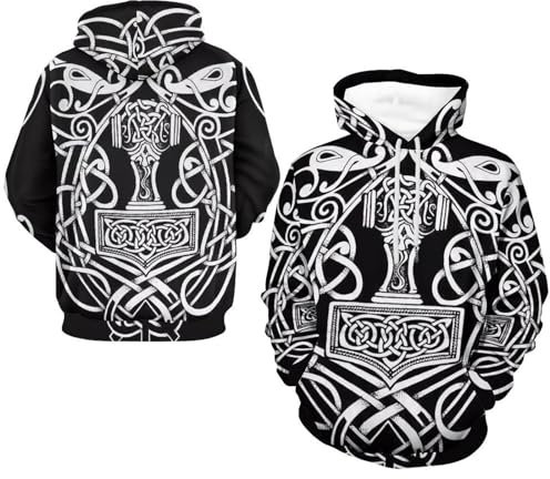 YUERYXH Unisex Interessantes Paar-Sweatshirt, Nordische Vintage-Wikinger-Wolf-Hoodies, Frühlings-Herbst-Laufpullover(Thor's Hammer 1,L)