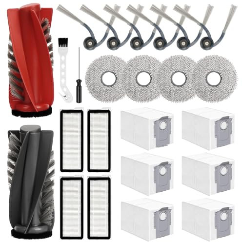 Accessoires Compatible avec Roborock Qrevo Curve/Qrevo Edge/P20 Pro, Pièces de rechange Robot Aspirateur 6 Sacs à Poussière 2 Brosse Principale 4 Chiffons 4 Filtres 4 brosses latérales d'accessoires