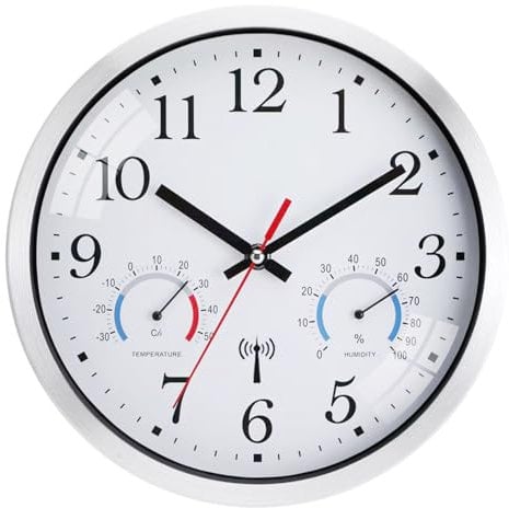 Ziprote Funk Wanduhr, Funkuhr Wand mit Temperaturanzeige und Luftfeuchtigkeit, Moderne Küchenuhr, Leicht zu Lesen, Wanduhr Ohne Tickgeräusche für Schlafzimmer, Büro, Badezimmer (Weiß)