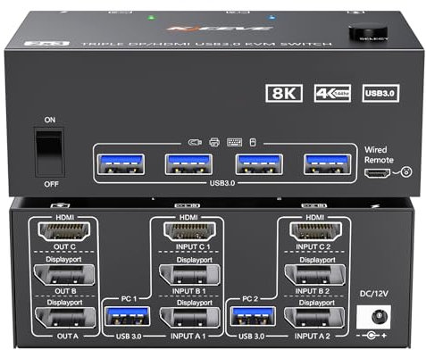 KVM Switch 2 PC 3 Monitore HDMI+2 Displayport 8K@60Hz 4K@144Hz, MLEEDA Triple Monitor KVM Switch für 2 PC Teilen 3 Monitors und 4 USB3.0-Geräte, mit 12V Netzteil,Verdrahtet Fernbedienung und 5 Kabel