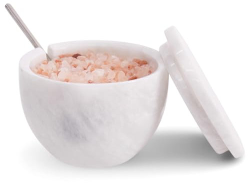 MARBLOUS KRAFTS White Marble Salt Cellar with Lid and Spoon 3 x 4 Inches Round Salt Bowl for Kitchen Countertop, Salt and Sugar Container, Natural Stone Salt Keeper
