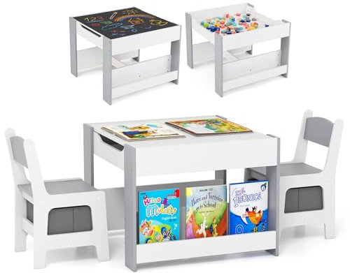 Maxmass 4 in 1 Toddler Table and Chair, Wooden Children Activity Table with Dual-sided Tabletop, Storage Bins, 3 PCS Kids Desk and Chair for Learning Playing Drawing (White+Grey, 61x61x48cm)