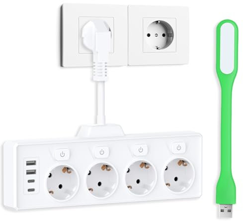 Ciabatta Multipresa con USB 8 In 1 Multipresa Salvaspazio con 4 Presa Schuko Interfaccia USB A/C Interruttori Indipendenti e 1 Luce Notturna Multipresa da Parete con Cavo Corto 5cm (Bianco)