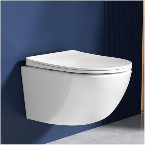 Rainsworth WC suspendu sans bord – Chasse puissante, cuvette WC avec abattant WC automatique, design compact 48,5 cm de long, facile à nettoyer, idéal pour les ascensions de salle de bain