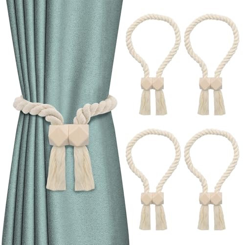 4 Stück Magnetische Raffhalter für Vorhänge, Beige Baumwollseilhalter im Naturstil für Wohnzimmer Schlafzimmer Büro, Minimalistisches Dekor