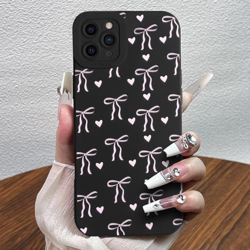 Potok Bow Case for iPhone 11 Pro, Pink Ribbon Bowknot Hearts Pattern Aesthetic Phone Case Raised Camera Protection Slim Soft Cover for iPhone 11 Pro