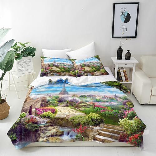 ANHOPE Paris Eiffelturm Stadt Garten Bettwäsche Set 3 Teilig Bettbezug 200x200 cm + 2 Kissenbezüge 50x70 cm Weich Microfaser Bettbezüge mit Reißverschluss