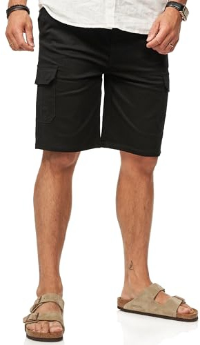 Soulstar Herren Kurze Hose Cargoshorts mit Gummibund & Gürtelschlaufen - Sommershorts Bermuda für Männer - Elastische Chinoshorts im Regular-Fit S2_HAMM-Black-S