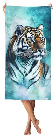 Strandtuch mit Tiermotiven, Tiger, Wasserfarben, schnell trocknend, ultra-saugfähig, groß, Mikrofaser, Strandtuch für Erwachsene und Kinder, Schwimmen, Fitnessstudio, Yoga, Reisen, Camping, 140 x 70