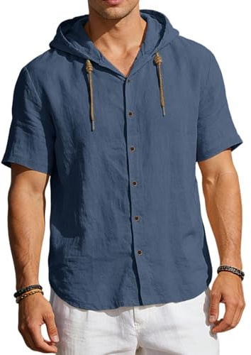 PADOLA Chemise Lin Homme Manches Courtes été Chemises à Capuche Boutonnée Chemisette de Plage Décontractée Regular Fit Surchemise Respirant Légère Veste Grande Taille Hoodie (2 Bleu Marine, L)