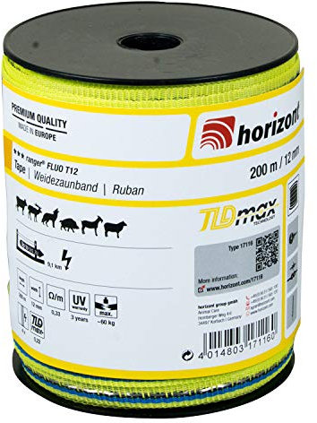 horizont Weidezaunband ranger FLUO T12, 200 m lang, 12 mm breit, Breitband Litze, Weidezaun Strom, Elektrozaun, für mittlere Zäune, 60 kg Bruchlast, Band, Litze Weidezaun