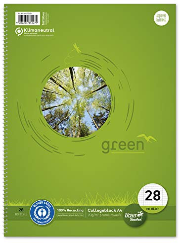 Staufen Green Collegeblock - DIN A4, Lineatur 28 (5mm kariert mit Randlinien), 80 Blatt, 4-fach Lochung, premiumweißes 70g/m² Recyclingpapier, 1 Stück
