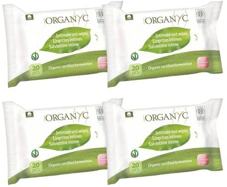 Organ(y)c, Feuchte Intimpflegetücher aus 100% zertifizierter Bio-Baumwolle - 4 Packungen zu je 20 Feuchttücher (Insgesamt 80 Stück)