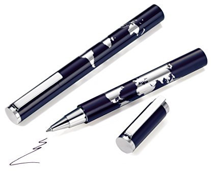 Troika Tintenroller, Weltkarte in Prägeoptik, schwarze 5888 Mine (Made in Germany), inkl. Ersatzmine, in schwarzer Metallbox, Metall, glänzend, blau/silber