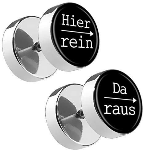 Piersando Damen Herren Ohrstecker mit runder Platte Doppel Kreis Ohrringe Fake Ohr Motiv Plug Piercing Spruch Hier rein Da Raus Schwarz 12mm