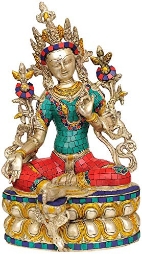 AONA Statue Rettergöttin grüne Tara (Einlage) Messingstatue mit Einlage, Höhe 35,6 cm