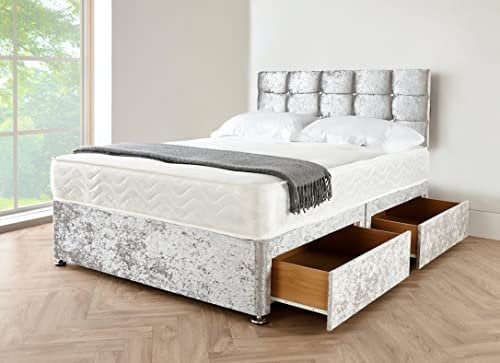 Single Divan Bed Set with Memory Foam Mattress and Matching Headboard | Silver Crushed Velvet Fabric | 2 Storage Drawers | Elegance, Storage, Comfort – All in One