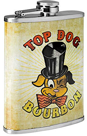 American Art Decor 8 Oz Flask - Stainless Steel Leak Proof Hip Flask - Funny Liquor Gift for Bachelor Party, Groomsmen, & More (Top Dog Bourbon, 5.5” x 4” x 1.25”)