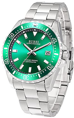 BUREI Uhr Herren Blau Edelstahl Analog Quarz Herren Armbanduhr Klassische Business Großes Zifferblatt Herrenuhr mit Datum Geschenke für Männer (grüner)