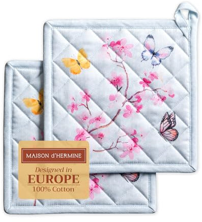 Maison d' Hermine Blossoms In Spring - Set di 2 presine in 100% cotone, con fibbia resistente al calore, per barbecue, cottura, forno a microonde, primavera, estate (20 x 20 cm), festa della mamma