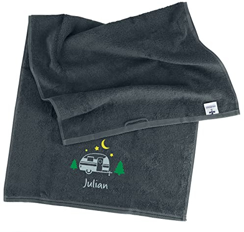 Herz & Heim® Besticktes Handtuch Camper-Geschenk mit Namen 100% Baumwolle, 500g/m² Grau, 30 x 50 cm