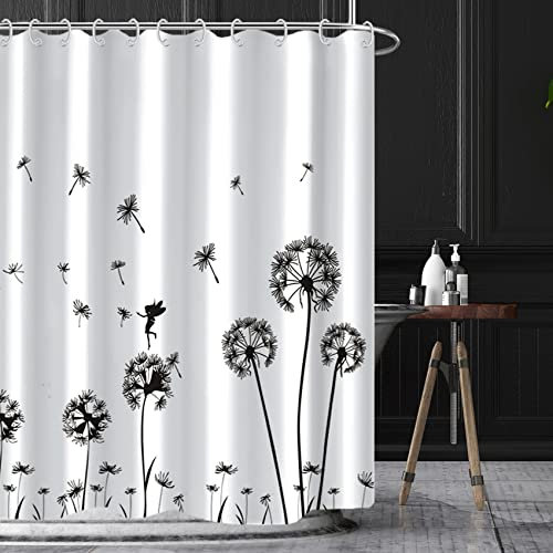 Bovlleetd 180x180cm Rideau De Douche Pissenlit Noir Et Blanc Simple Volant - Elfe Salle De Bains Design Floral avec Crochet Étanche Personnalisable Art