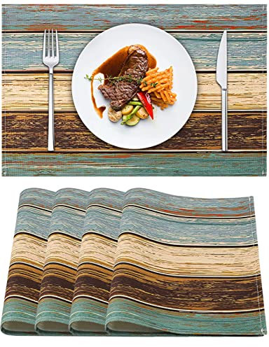 Tischset Grün Tischsets Set von 4 Grünes Tischset Leinen Esstisch Platzsets Farmhouse Tischset Türkis Holz Ideal für Heimdekor Party Indoor Oudoor Esszimmer Holzmaserung Waschbare Tischset 45 X 32 cm