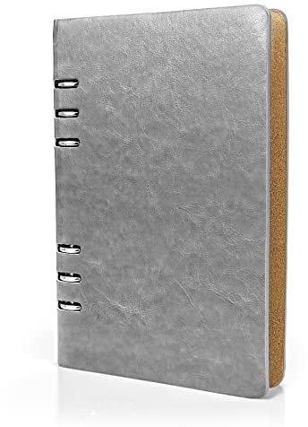 A5-Leder-Notizbuch, nachfüllbar, recyceltes Tagebuch, 6 Löcher, Ringe, lose Tasche, Leder, nachfüllbar, Hardcover, Tagebuch, Notizbuch für Reisen, Mädchen, Jungen, Damen, Herren, Erwachsene (Grau)