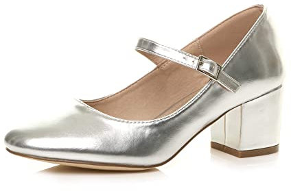 AJVANI Womens Ladies mid Block Heel Strap Work Evening Party Mary Jane Court Shoes Size 3 36 Silver