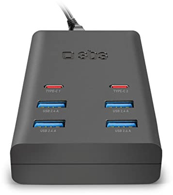 SBS 37 Watt Fast Charge Ladestation Power Delivery Schnellladung Dockingstation für Smartphone, Tablet, TWS-Kopfhörer, Lautsprecher, Kindle, e-Reader mit 4 USB-A und 2 USB-C Ausgängen