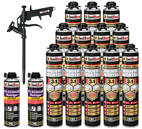 Isolbau Mauermörtel Set: 12x 750 ml PU-Mörtel 2x 500 ml Pistolenreiniger 1x Teflon Schaumpistole, PU-Reiniger, Montageschaum, Pistolenschaum