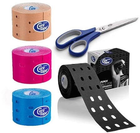 CureTape® Kinesiotapes | 4 Kinesiologie Tape Rollen mit Lochmuster + Hochwertige PhysioTape Schere | Wasserfestes Kinesiotape | Extra Elastisches Sporttape | Ideal für Schmerzlinderung | 5cm x 5m