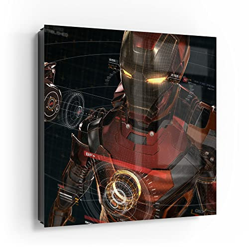 DEQORI Schlüsselkasten schwarz | 30x30 cm | Motiv Legendäre Iron Man Anzug | Glas & Metall Schlüssel-Box | Schlüsselschrank mit 50 Haken + 2 Magnete | Moderne Box magnetisch & beschreibbar