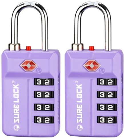 Sure Lock TSA-Approved 4-Digit Resettable Combination Luggage Lock with Open Alert, Easy-Read Dials - for Luggage, School Lockers, Gym, Office, Toolbox & Security Cases (Purple 2 Pack)