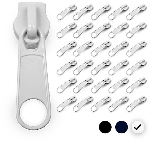 DOJA Barcelona | Reißverschluss Zipper | 25mm | Pack 30 | Zipper Slider Nummer 3 | Weiß | Reißverschluss Schieber zum Nähen | Reißverschlusszieher Kleidung, Mäntel, Jacken, Röcke, Schlafsack