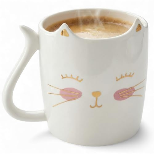 MIJOMA Tasse à café avec oreilles de chat - 350 ml - Hauteur : 9,5 cm - Diamètre : 9,5 cm - Diamètre : 9 cm - Visage et inscription en forme de queue de chat (Home is where the Cat is)
