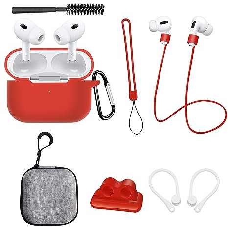 Custodia in Silicone Protettiva per AirPods Pro 2 Generazioni: AIYAAIYA Set di Accessori per Apple AirPod 8 in 1 con Supporto per Cinturino dell'orologio/Spazzola per la Pulizia/Portachiavi(Rosso)