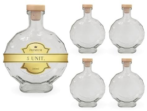 Espirito Rebelde 5x Bouteilles en Verre avec Bouchons en Liège 500ml - Élégance et Modernité en Verre de Haute Qualité pour Boissons, Rhum, Liqueur et Préparations Artisanales - Bouteilles à Remplir
