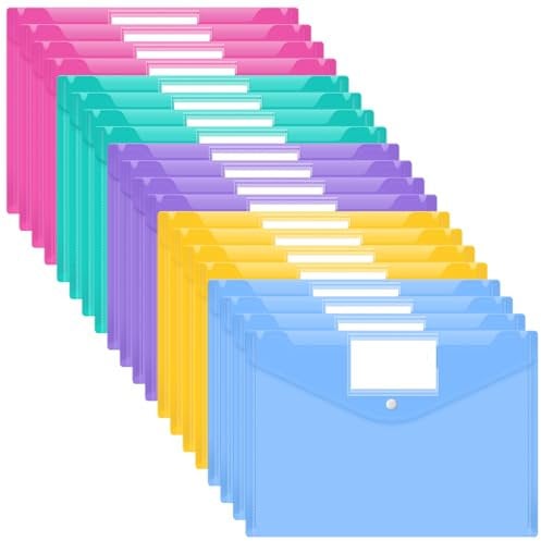 Smarpau Plastic Wallet A4-20 Pack von Kunststoff-Ordner Dokumentenhalter A4 Kunststoff Wallet mit Tab Tasche und Knopfverschluss für Schule, zu Hause, Büro, Reisen (5 Farben)