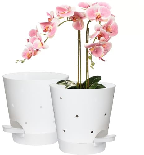 Vanslogreen Lot de 2 pots à orchidée avec trous, 15,2 cm à arrosage automatique, pots de fleurs en plastique pour orchidée, fleur (blanc)