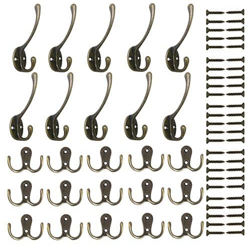 QUOZUO 15 Stück Doppelt Wandhaken Haken Wand Mantelhaken und 10 Stück Schwanenhals-Haken Kleiderhaken mit Schrauben für Garderobenhaken Badezimmer Küche Retro