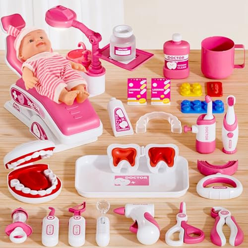Fullware Zahnarzt Arztkoffer für Kinder 3 4 5 6 Jahren, 28-Teilig Montessori Lernspielzeug ab 3 Jahre - Kleine Geschenke für Jungen & Mädchen, Soziale Fähigkeiten & Hand-Augen-Koordination (Rosa)