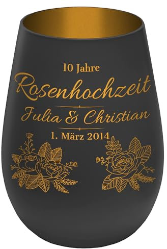 Windlicht mit Gravur ''10 Jahre Rosenhochzeit'' - Schwarz/Gold - Glas Teelichthalter personalisierbar mit Wunschtext - Geschenk zu Valentinstag Hochzeit Verlobung Jahrestag
