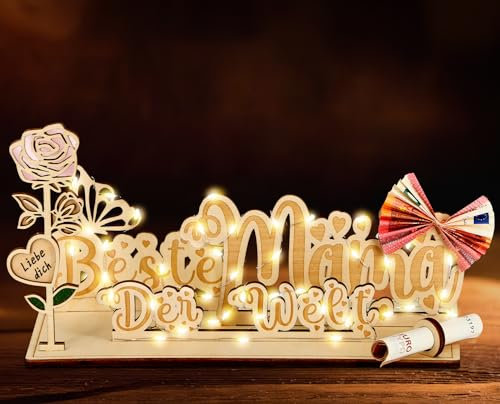 Giftota Mama Geschenk - Muttertagsgeschenk - Beste Mama der Welt - Geburtstagsgeschenk für Mama, Geldgeschenke Holz mit LED Lichterkette