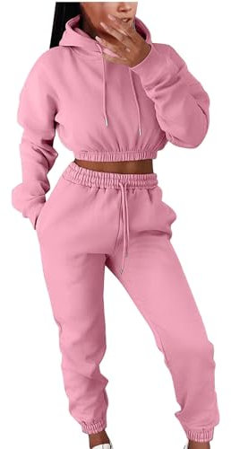 LJFIWY Trainingsanzug für Damen, komplettes Set, Kapuzenpullover und Jogginghose, bauchfreie Trainingsanzüge, für Herbst und Winter, Laufanzug, Wandern, Yoga, Fitnessstudio, zweiteiliges Outfit, rose,