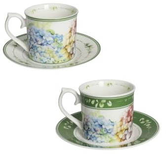 Brandani 51182 TAZZA FLORA SET 2 PZ NEW BONE CHINA, piattino cm d 15, tazzina cm d 8x7h, 200 ml, floreali, delicate ortensie e foglioline, Lavastoviglie, Microonde, Forno, Freezer