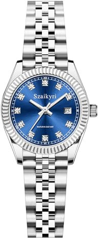 Szaikyri Klassische Damenuhr mit Festem Rostfreien Stahlgürtel Wasserdicht Armbanduhr Damen Kalender Uhr für Damen (Silver Blue)