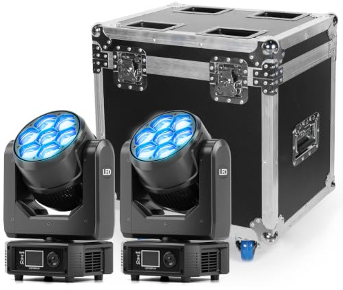 7x50W Moving Head LED mit Flightcase Beam Spot Wash Lichteffekt Zoom 4.5°-45° Grad DMX DJ Lichter Fokussierung RGBW Touchscreen Bühnenleuchten für Weihnachten Hochzeit DJ Disco Party Bar-2 Stück