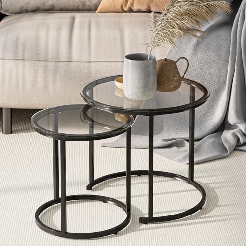 HEYZOEY Round Nesting Coffee Tables, Removable Set of 2 End Table, Glass Top Nesting Tables with Metal Frame for Living Room, Bedroom, Office, Balcony, Apartment, Jet Black